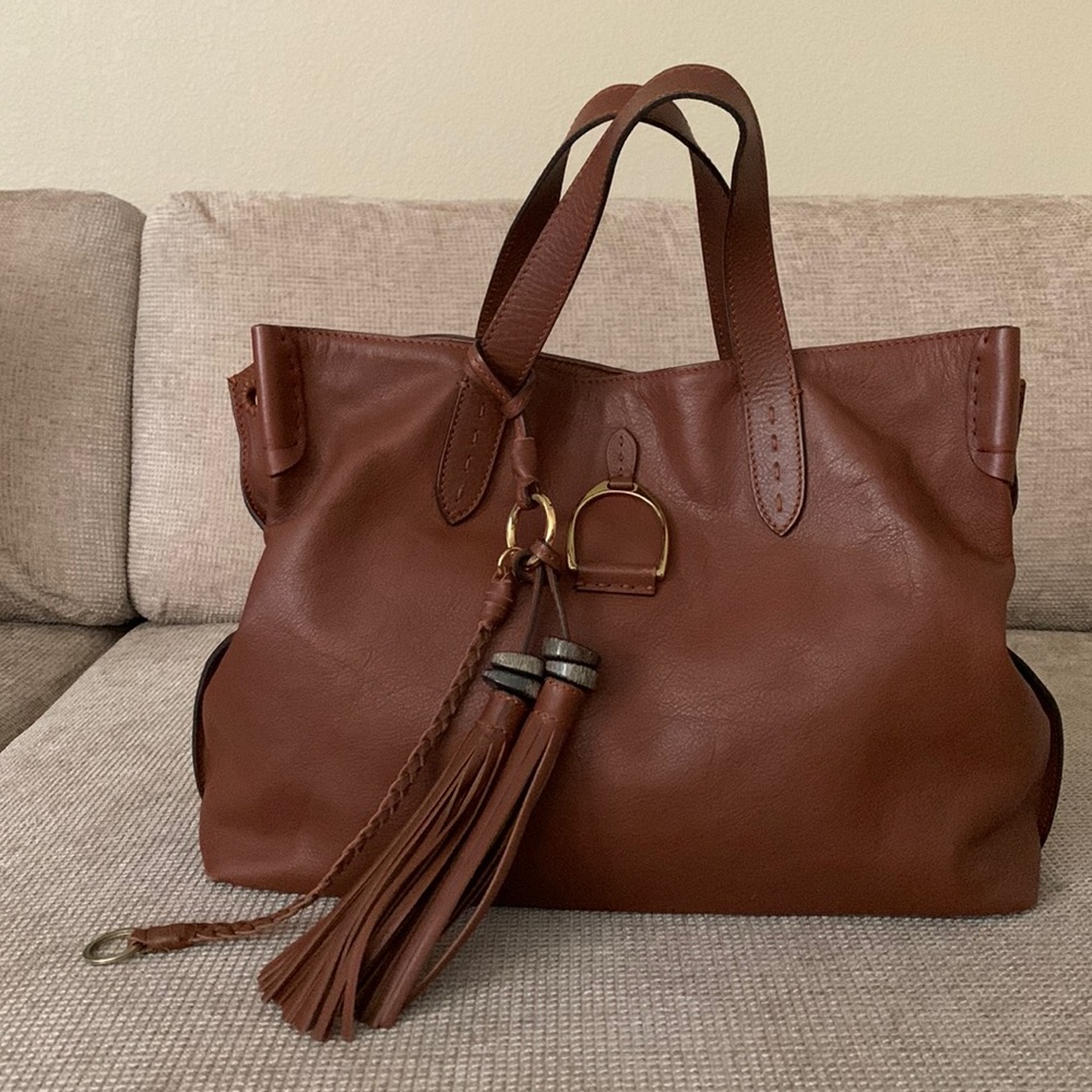 RALPH LAUREN Genuine calfskin Leather bag. Tassels, beads, & braided bag charm.